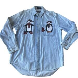 Vintage Denim Button Up Long Sleeve Top Penguin Details Women's Size S Cotton